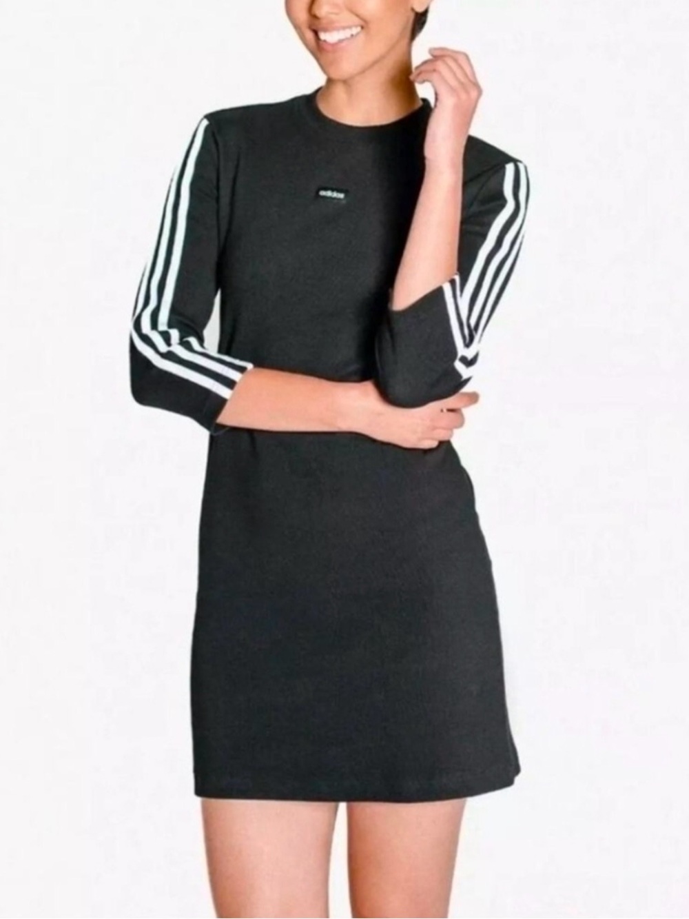 adidas Black T-Shirt dress with White 3-Stripe 3/4 length Sleeves